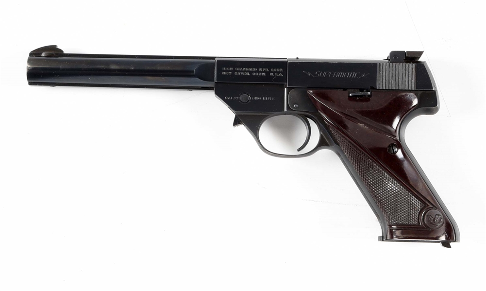 (C) HIGH STANDARD FIRST MODEL SUPERMATIC .22 LR SEMI-AUTOMATIC PISTOL WITH BOX AND WEIGHTS.