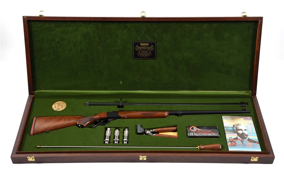 (M) CASED RUGER NO. 1 LYMAN CENTENNIAL EDITION II .45-70 SINGLE SHOT RIFLE WITH ACCESSORIES.