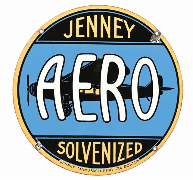RARE JENNY AERO SOLVENIZED GASOLINE PORCELAIN PUMP PLATE SIGN W/ AIRCRAFT GRAPHIC. 