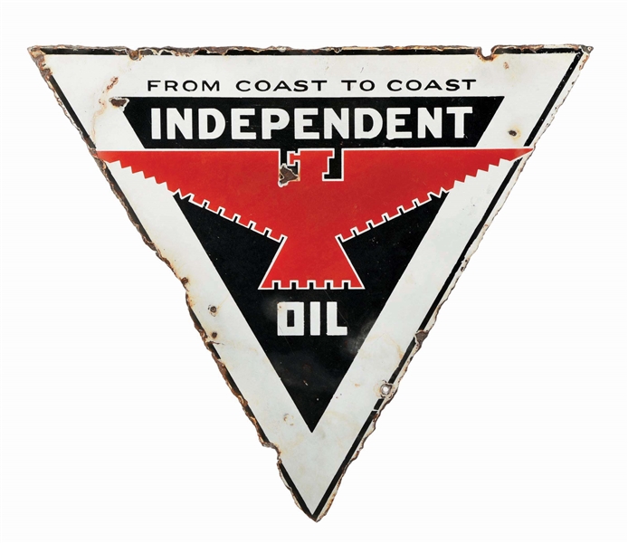 INDEPENDENT OIL PORCELAIN TRIANGLE SIGN W/ EAGLE GRAPHIC.