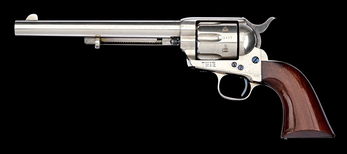 (A) PERIOD NICKEL PLATED ETCHED PANEL COLT FRONTIER SIX SHOOTER REVOLVER (1878).