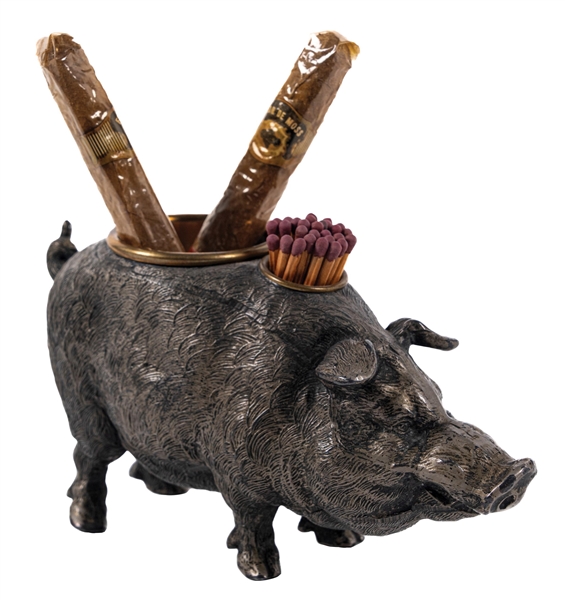 FIGURAL BRASS MATCH & CIGAR HOLDER IN THE FORM OF A PIG