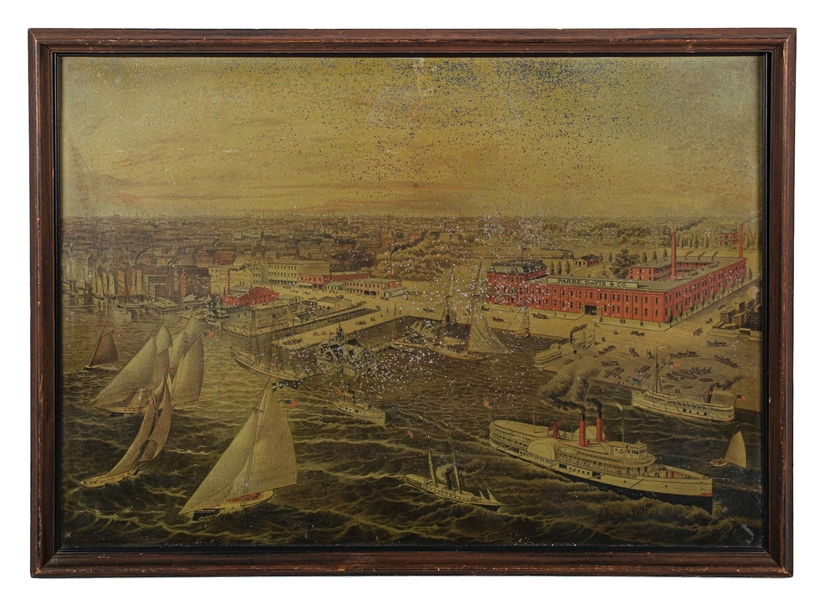 TIN LITHOGRAPH CITY OF DETROIT INDUSTRIAL WATERFRONT SCENE W/ SAILBOAT GRAPHICS