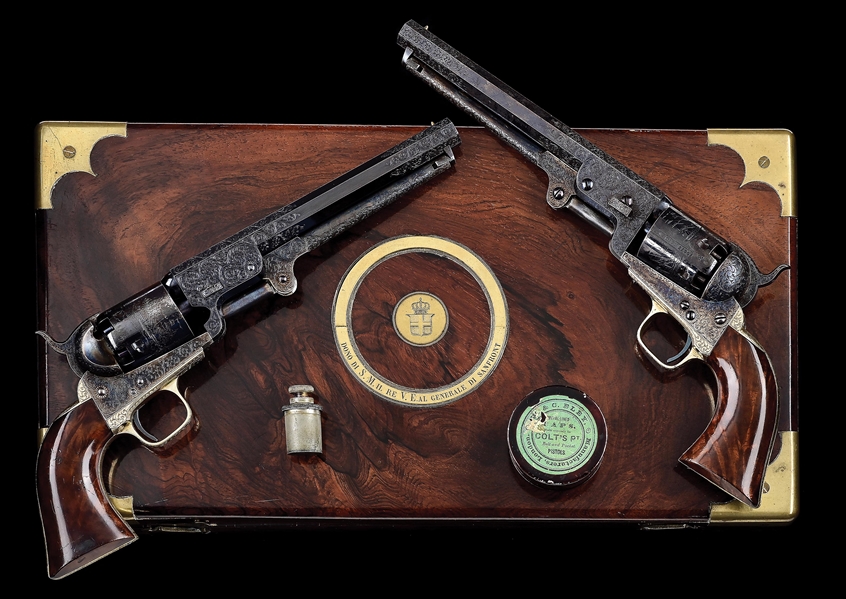 (A) OUTSTANDING PAIR OF FACTORY ENGRAVED COLT 1851 NAVY REVOLVERS COMMISSIONED AND PURCHASED BY VICTOR EMMANUEL II, FIRST KING OF ITALY, FOR PRESENTATION TO GENERAL ALESSANDRO NEGRI DI SANFRONT.