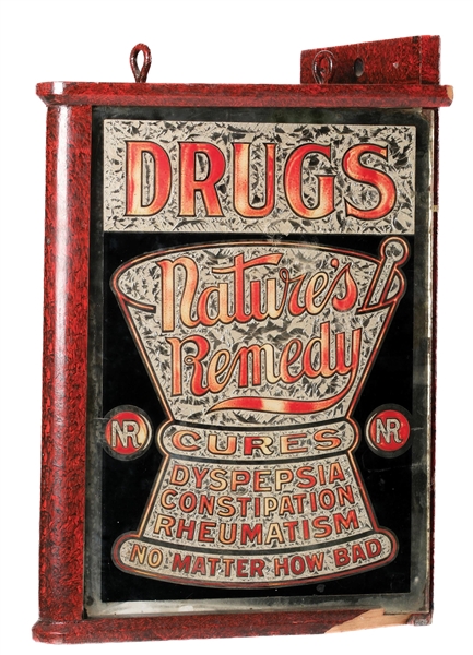 DOUBLE SIDED REVERS GLASS DRUGS CORNER TRADE ADVERTISING SIGN