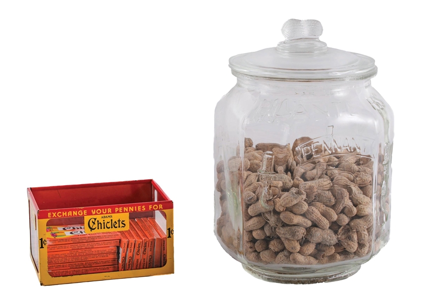 LOT OF 2: 1¢ CHICLETS COUNTER DISPLAY & PLANTERS PEANUTS GLASS JAR
