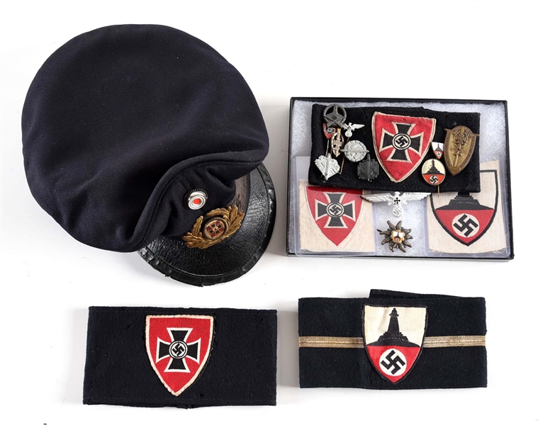 THIRD REICH NATIONAL SOCIALIST VETERAN ORGANIZATION HAT, ARMBANDS, AND INSIGNIA.