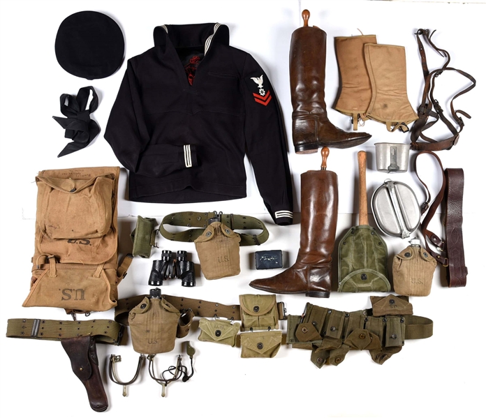 LOT OF US WWII ERA UNIFORMS, FIELD GEAR, AND OTHER EQUIPMENT.