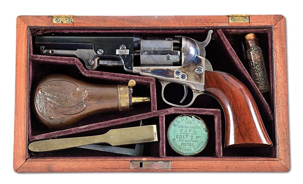 (A) SPECTACULAR COLT MODEL 1849 POCKET PERCUSSION REVOLVER WITH FITTED CASE.