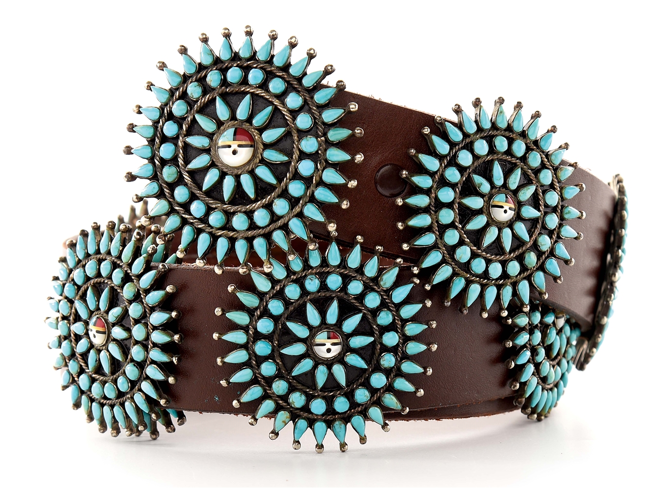 ZUNI BELT WITH SILVER AND TURQUOISE CONCHOS