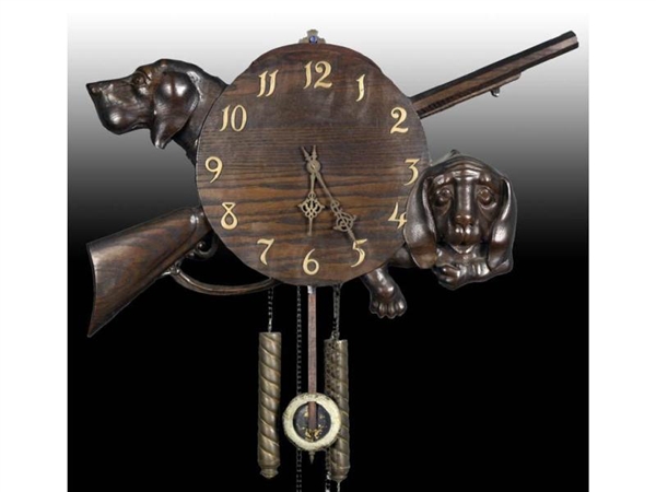 BLACK FOREST WALL CLOCK WITH DOGS AND GUNS.       