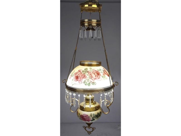 VICTORIAN HANGING LAMP WITH RED ROSES.            