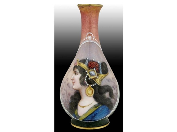 ENAMEL ON COPPER VASE FEATURING A LADY.           