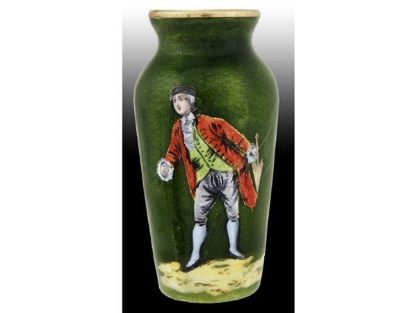 ENAMEL ON COPPER VASE FEATURING A VICTORIAN MAN.  