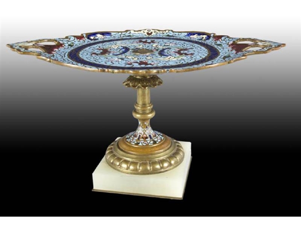 FRENCH ENAMEL BLUE COMPOTE ON MARBLE BASE.        
