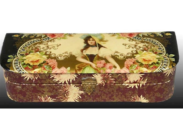 CELLULOID VICTORIAN GLOVE BOX WITH PRETTY LADY.   