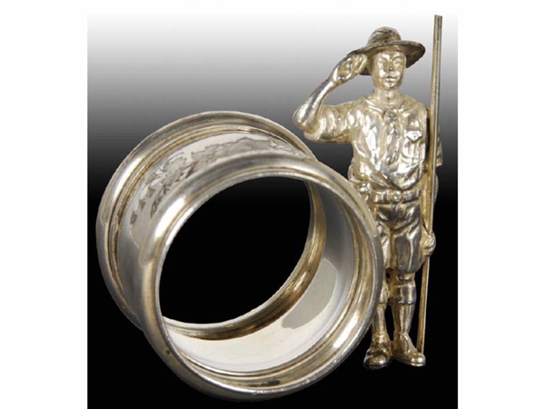 SALUTING BOY SCOUT WITH STAFF FIGURAL NAPKIN RING.