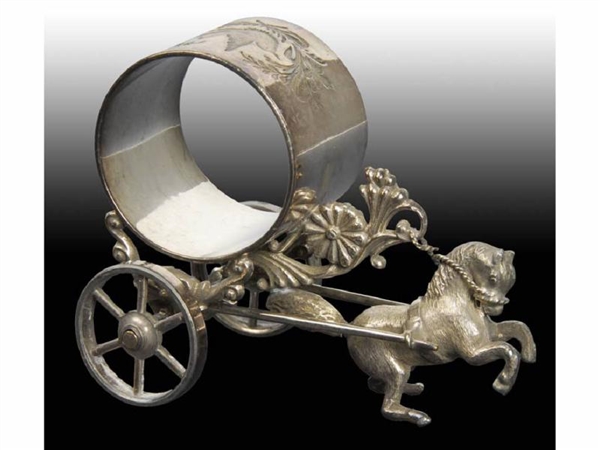 SMALL HORSE FIGURAL NAPKIN RING ON WHEELS.        