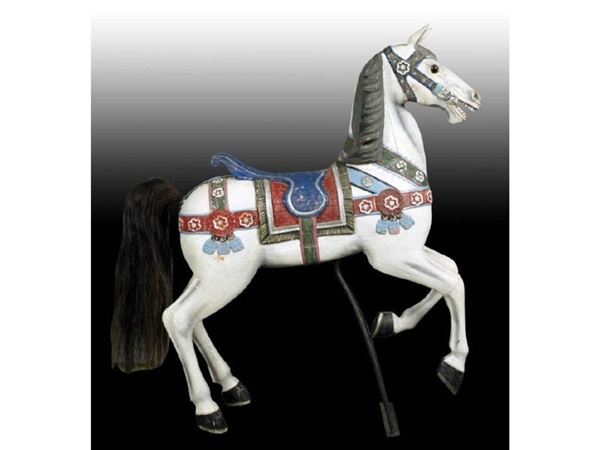 WOOD CAROUSEL HORSE ON METAL STAND.               