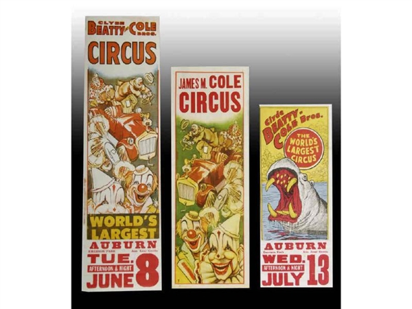 LOT OF 3: CIRCUS POSTERS WITH CLOWN CARS & HIPPO. 