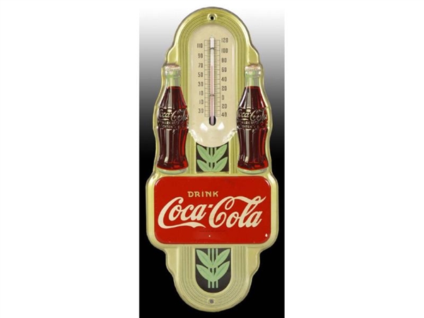 1941 EMBOSSED TIN COCA-COLA DOUBLE BOTTLE THERMOM 