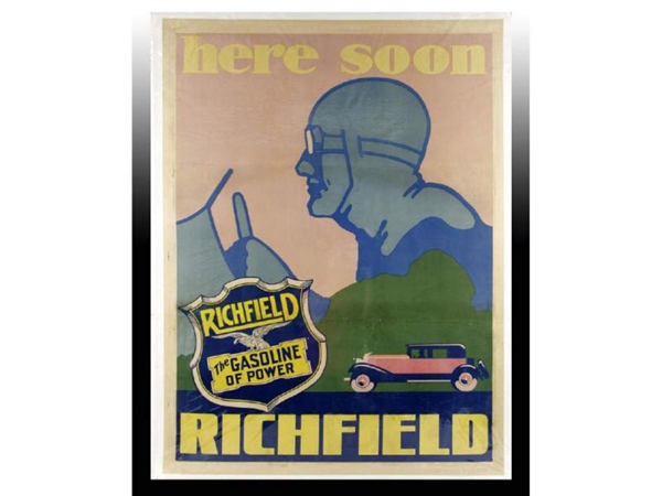 LARGE RICHFIELD GAS HERE SOON POSTER.             