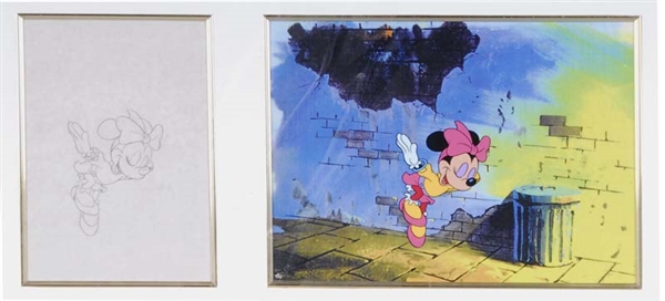 FRAMED MINNIE MOUSE DISNEY CEL AND PENCIL DRAWING.