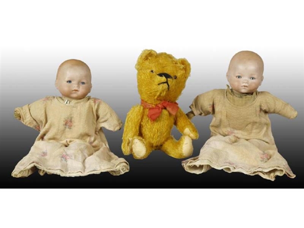 LOT OF 3: DOLLS AND TEDDY BEAR.                   