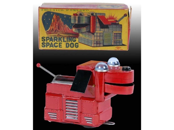 JAPANESE TIN FRICTION SPARKLING SPACE DOG TOY WITH