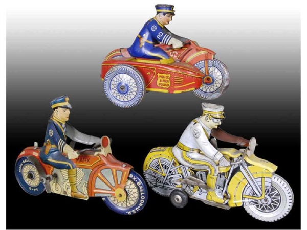 LOT OF 3: MARX TIN WIND-UP POLICE MOTORCYCLE TOYS.
