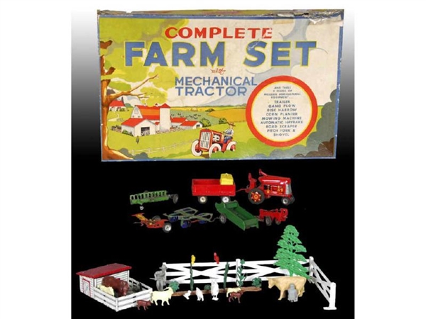 MARX FARM SET WITH MECHANICAL TRACTOR AND ORIGINAL