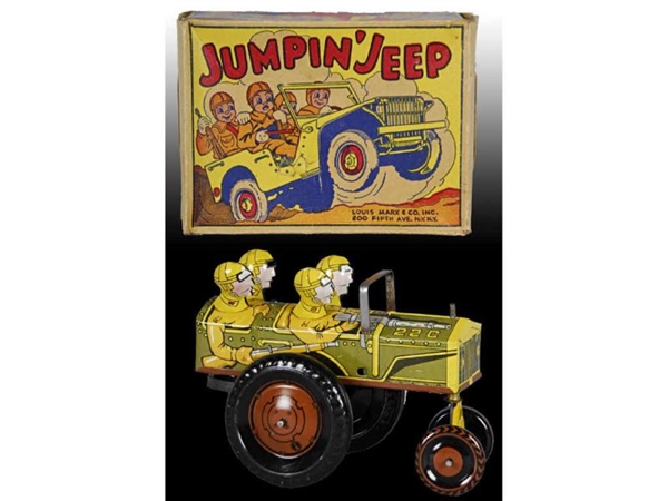 MARX TIN WIND-UP JUMPIN JEEP TOY WITH ORIGINAL BO