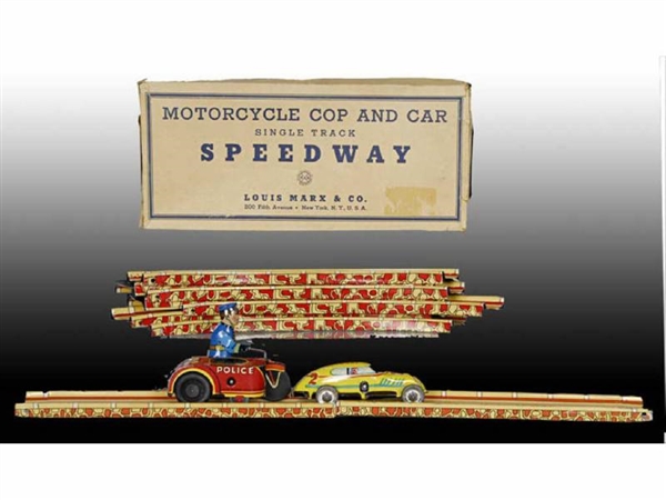 MARX TIN WIND-UP MOTORCYCLE COP & TOY CAR SPEEDWAY