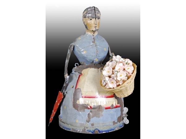 GERMAN HAND-PAINTED TIN WIND-UP LADY CARRYING UMBR
