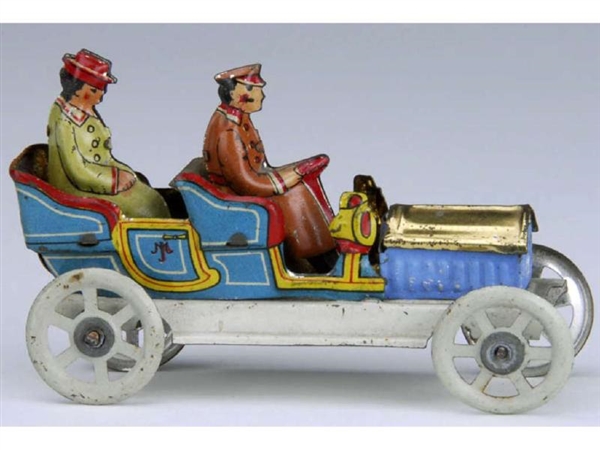 GERMAN TIN PENNY TOY AUTOMOBILE WITH 2 FIGURES.   