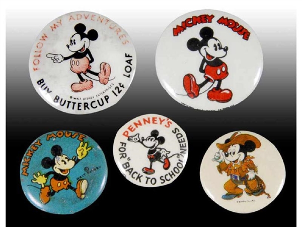LOT OF 5: DISNEY MICKEY MOUSE PINBACK BUTTONS.    