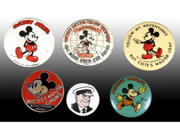 LOT OF 6: DISNEY MICKEY MOUSE PINBACK BUTTONS AND 
