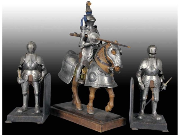 WOOD HORSE KNIGHT IN ARMOR WITH 2 KNIGHTS IN ARMOR