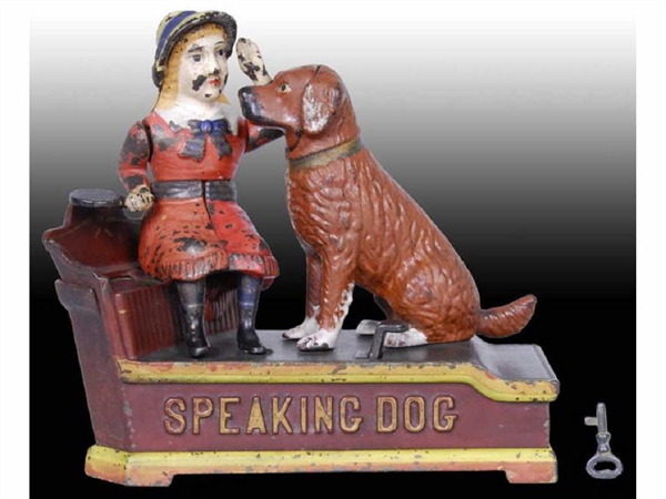 SPEAKING DOG CAST IRON MECHANICAL BANK WITH KEY.  
