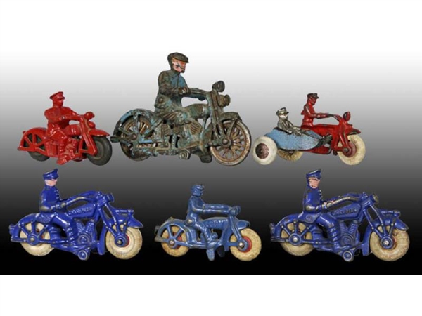 LOT OF 6: AMERICAN CAST IRON TOY MOTORCYCLE TOYS. 