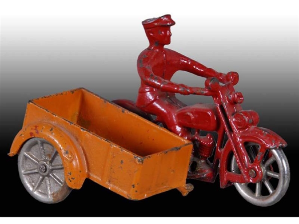 CAST IRON KILGORE MOTORCYCLE WITH SIDECAR TOY.    