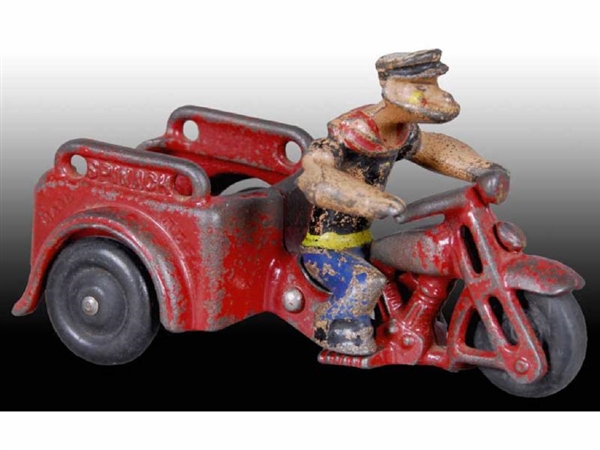 CAST IRON HUBLEY POPEYE SPINACH MOTORCYCLE TOY.   