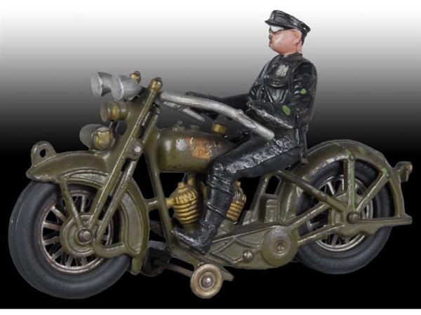 CAST IRON OLIVE DRAB HUBLEY SOLO MOTORCYCLE TOY.  
