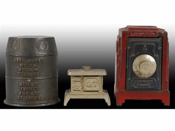 LOT OF 3: CAST IRON STOVE & SAFE BANKS.           