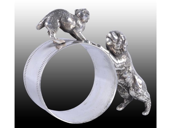 DOG REACHING FOR SMALL CAT FIGURAL NAPKIN RING.   
