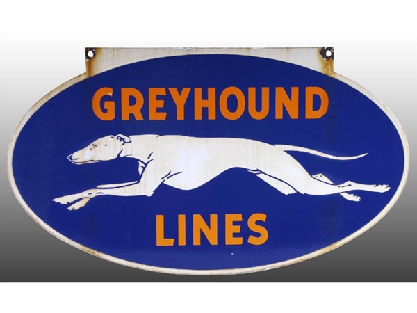2-SIDED PORCELAIN GREYHOUND BUS LINES SIGN.       