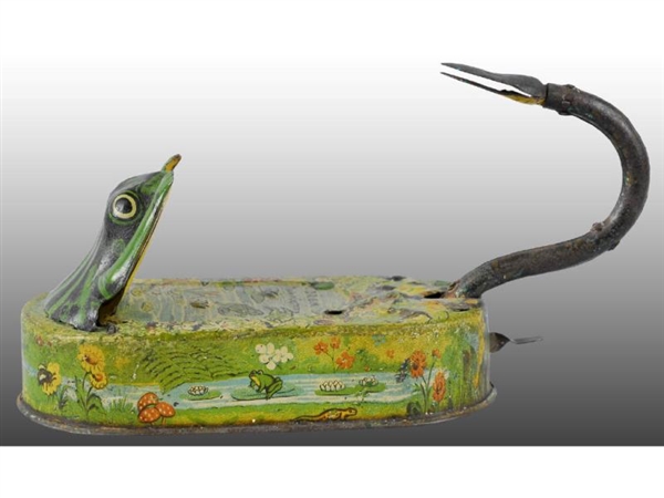 TIN GERMAN SNAKE AND FROG IN POND MECHANICAL BANK.