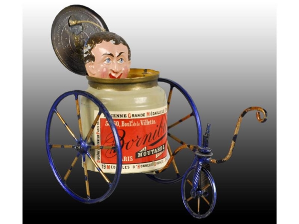 FRENCH 3-WHEEL BICYCLE TOY WITH JAR ADVERTISEMENT.