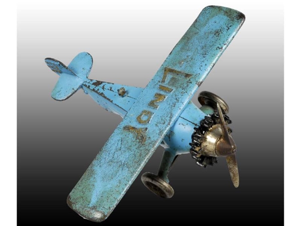 CAST IRON BLUE HUBLEY LINDY AIRPLANE TOY.         