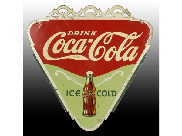 2-SIDED COCA-COLA TIN DIE-CUT TRIANGLE SIGN.      